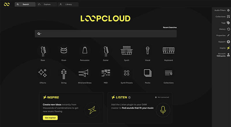 Loopcloud 8 home screen with search, Inspire and Listen